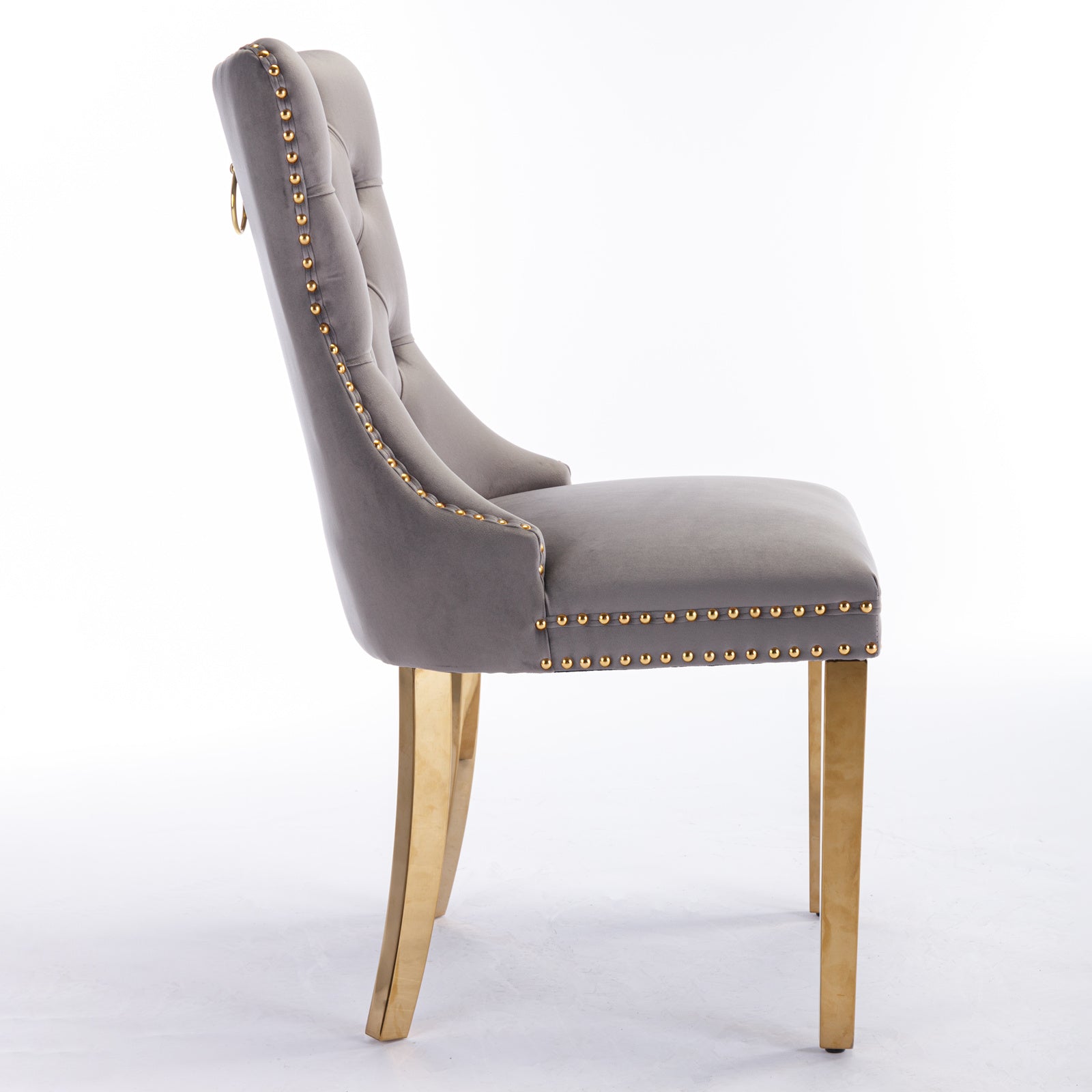Tufted solid wood velvet cushioned dining chair, gold-plated stainless steel nail leg heads, 2 pieces in gray and gold - Korvel