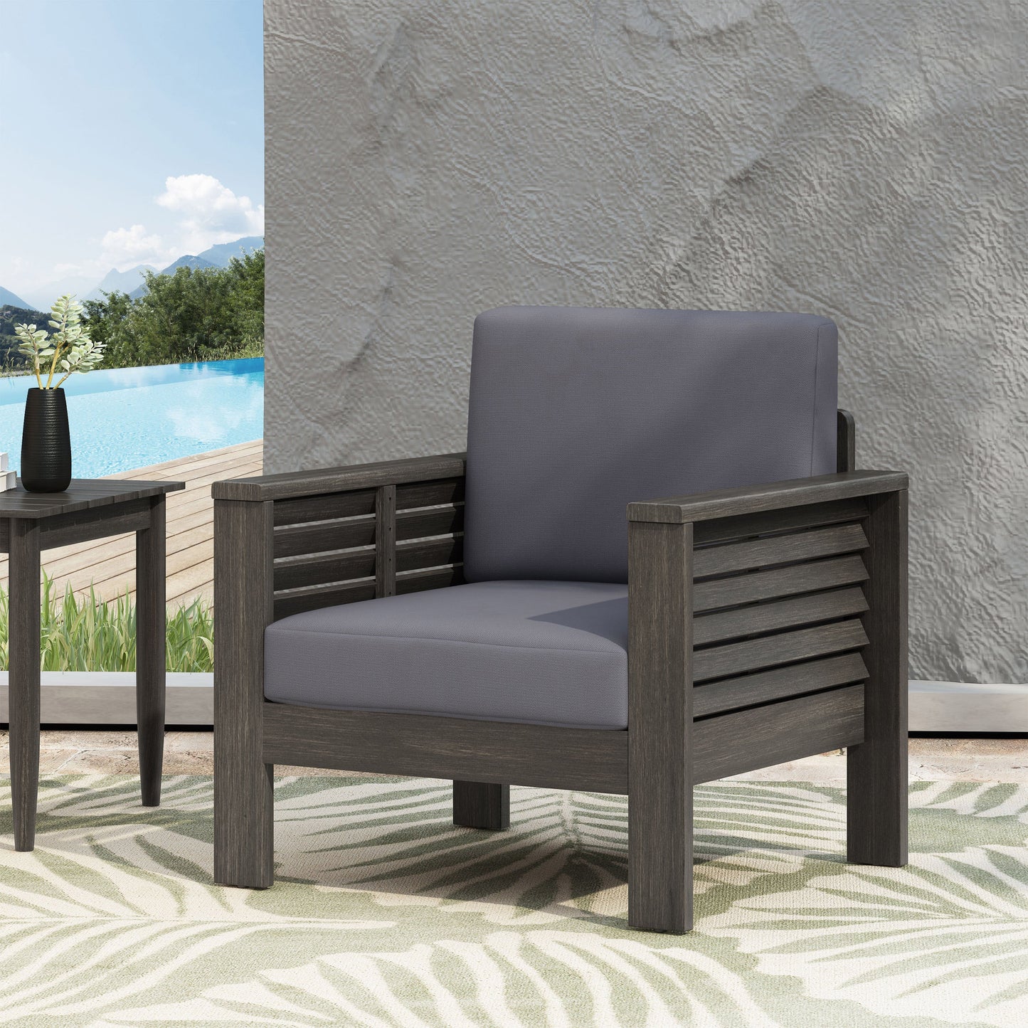 Outdoor Acacia Wood Club Chairs with Cushions, Dark Gray, 27.75"D x 32"W x 27.75"H - Korvel