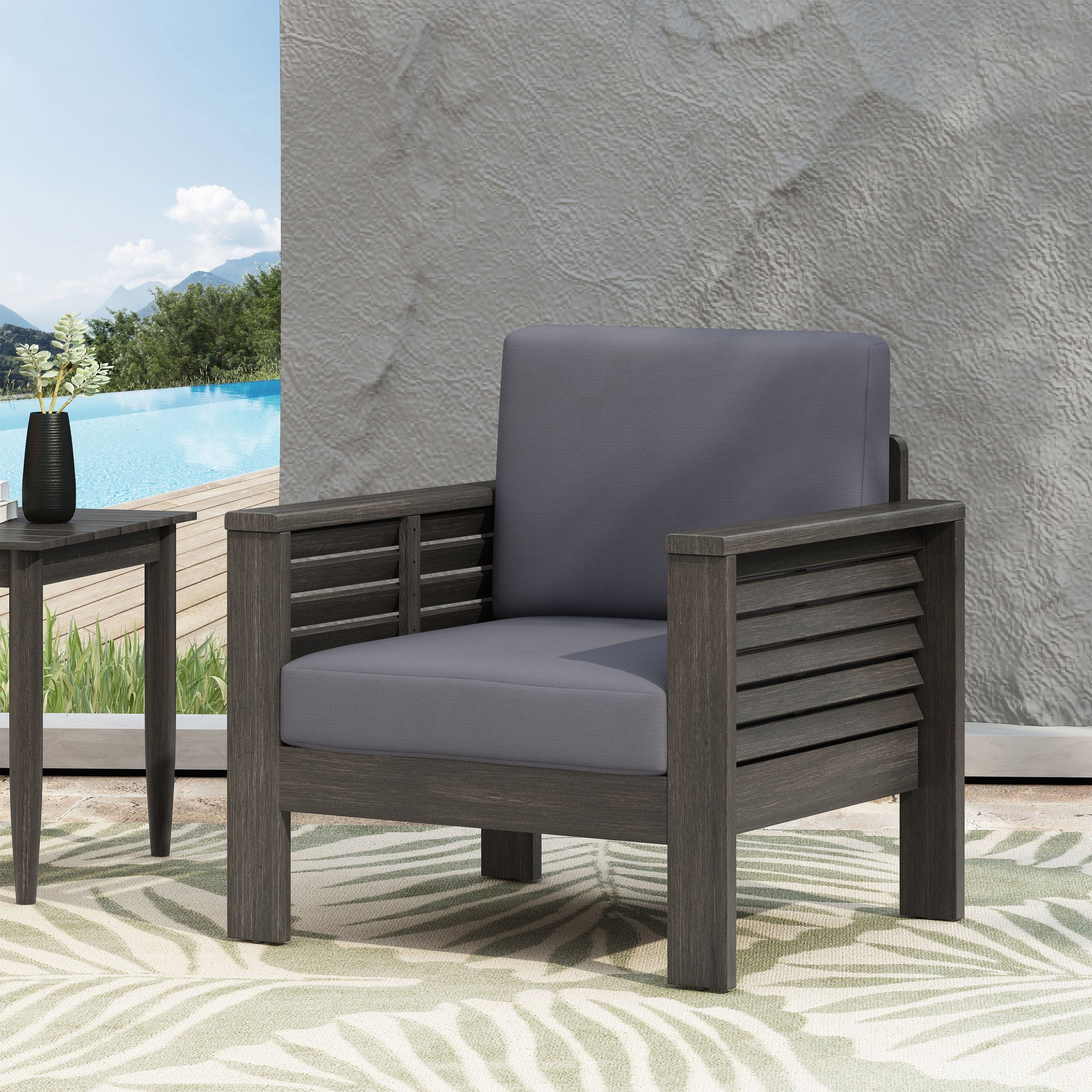 Outdoor Acacia Wood Club Chairs with Cushions, Dark Gray, 27.75"D x 32"W x 27.75"H - Korvel