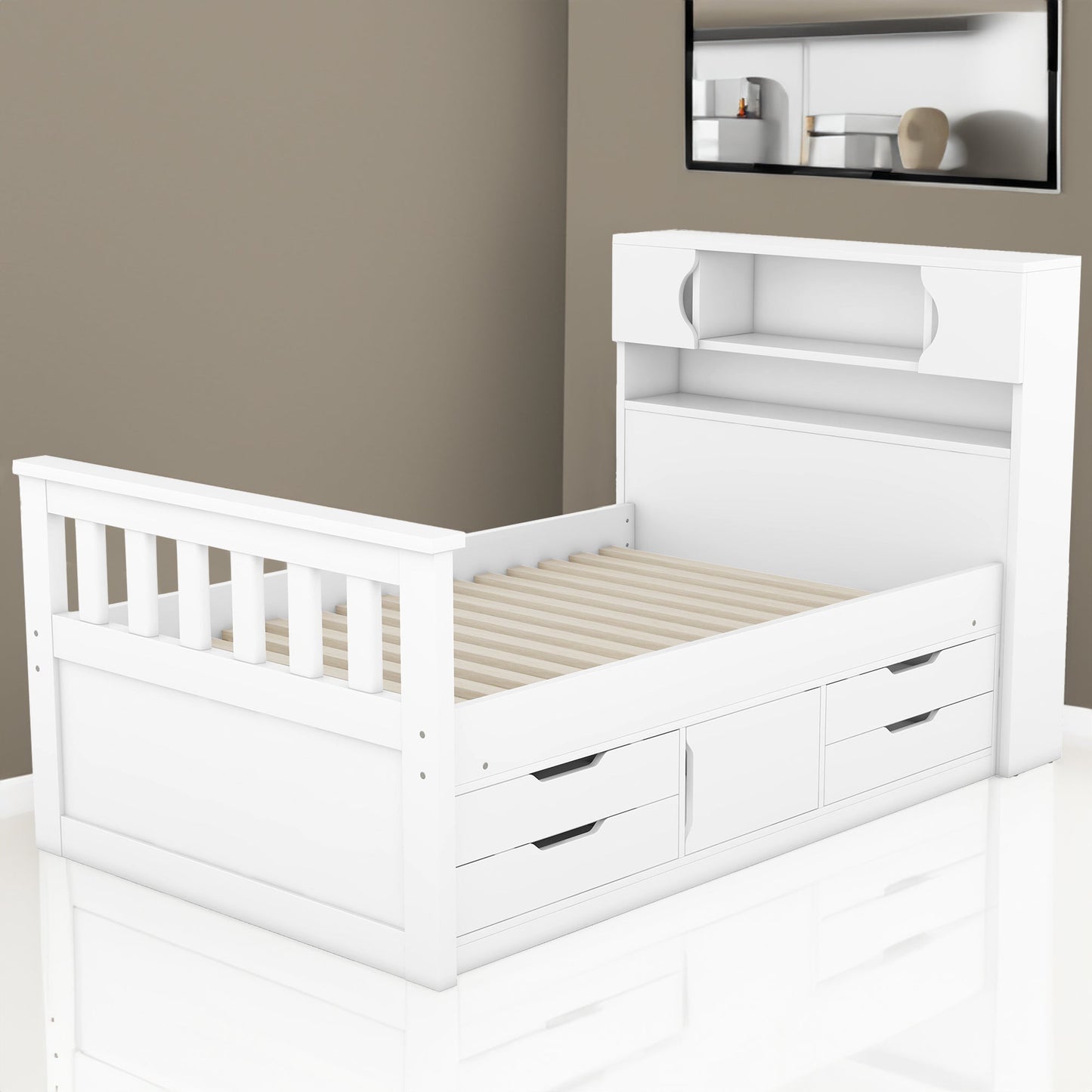 Cama plataforma tamaño twin Captain con almacenamiento en blanco