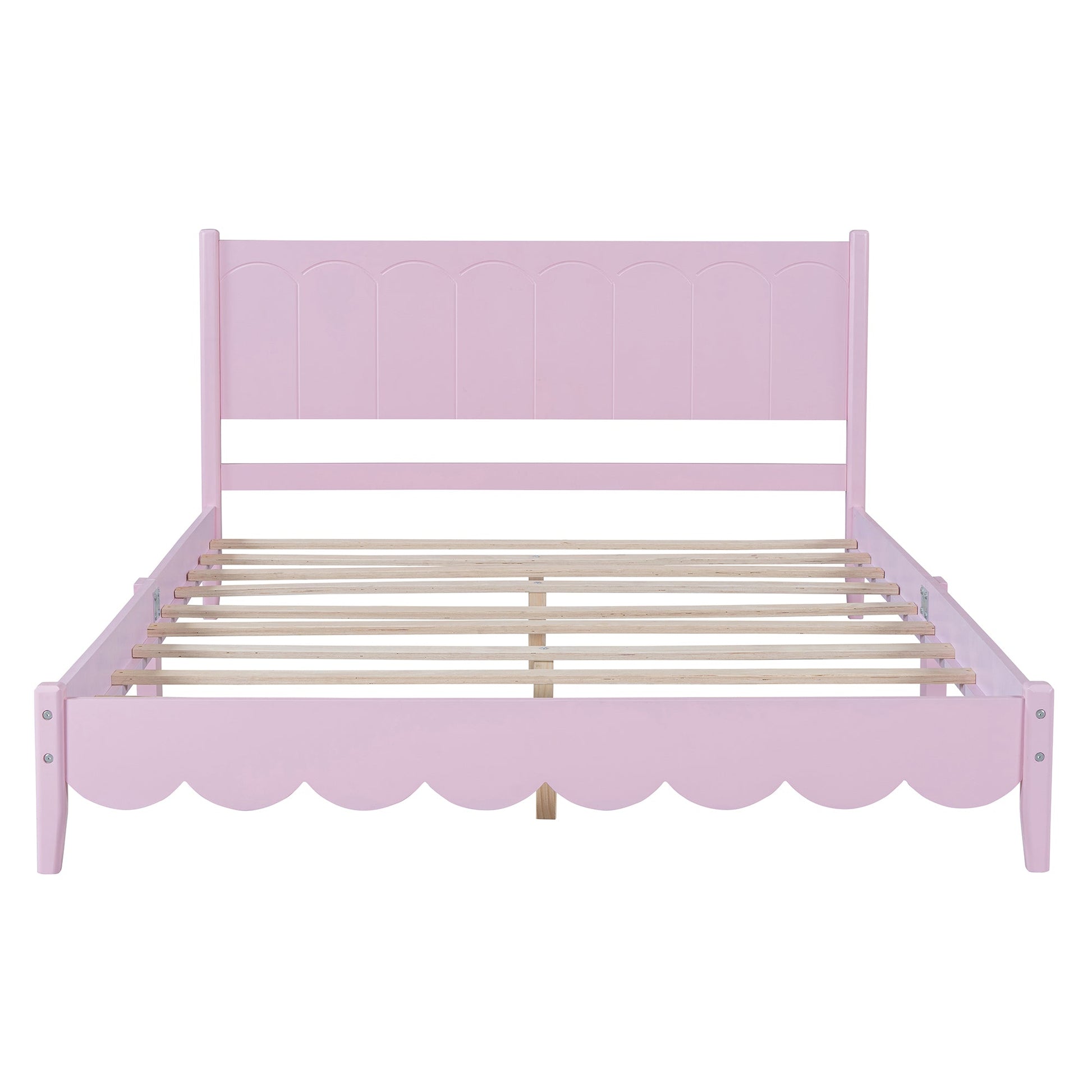 Queen Size Wood Platform Bed Frame, Retro Style Bed with Rectangular Headboard,No Need Box Spring,Pink - Korvel