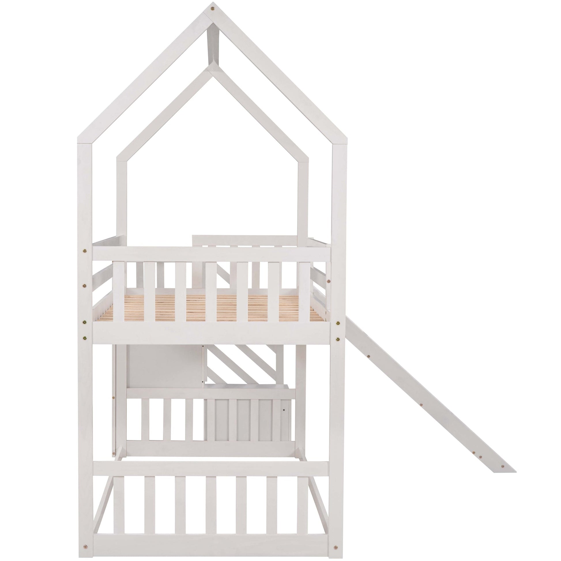 Twin over Twin House Bunk Bed with Convertible Slide,Storage Staircase,White - Korvel