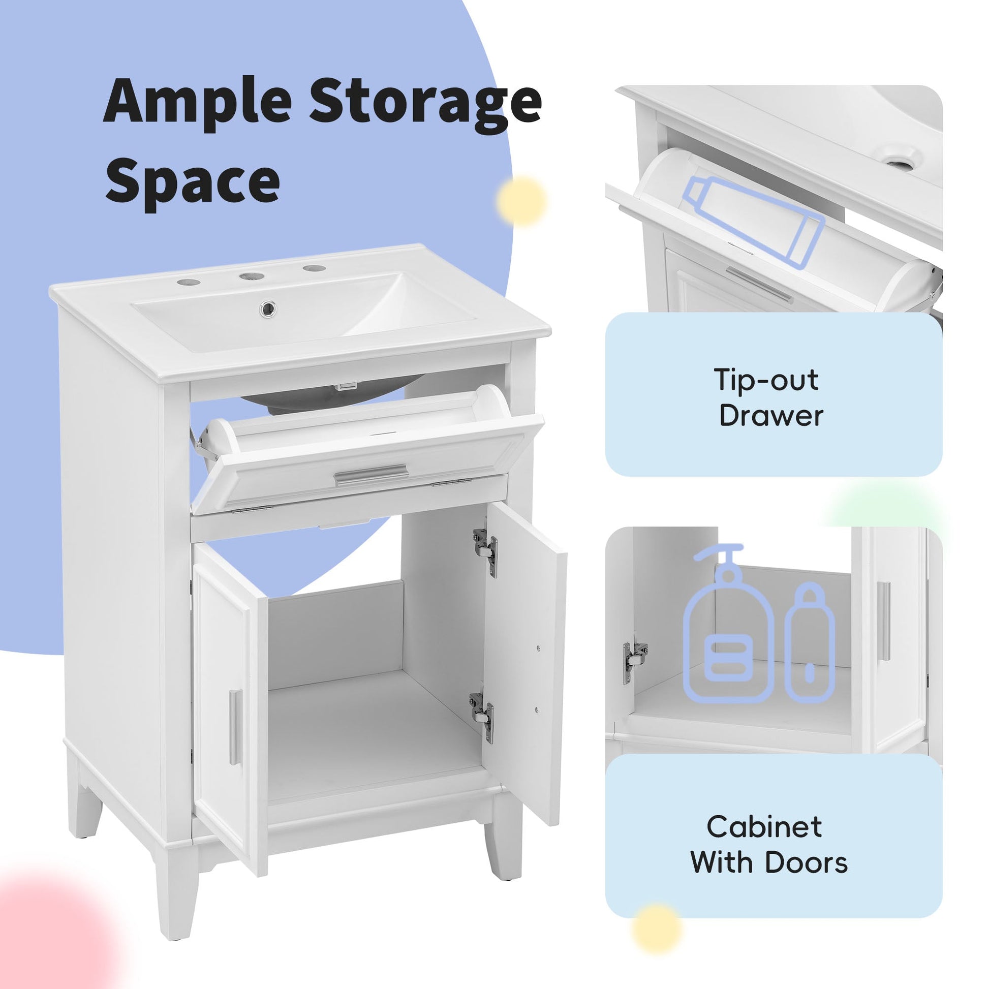 24" Bathroom Vanity with Sink, Bathroom Vanity Cabinet with One Flip Drawer and Doors, Solid Wood and MDF, White - Korvel