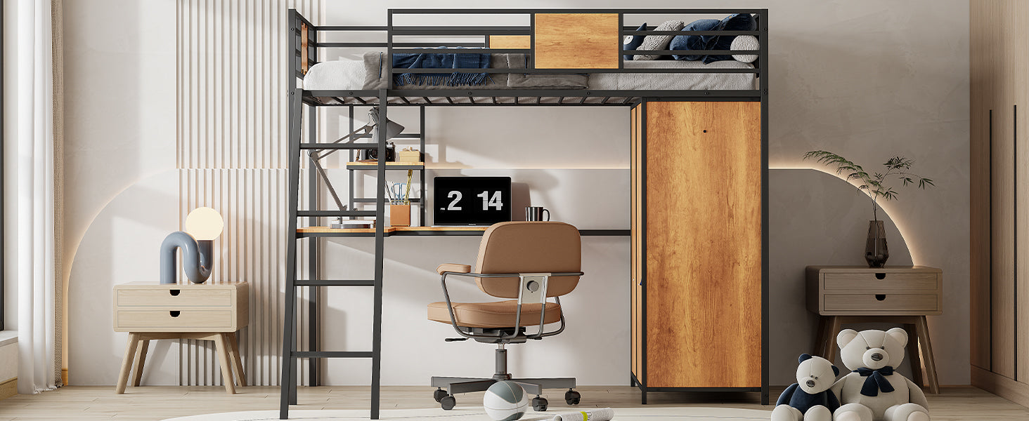 Twin Size Loft bed with L-shape Desk and Wardrobe, Black - Korvel