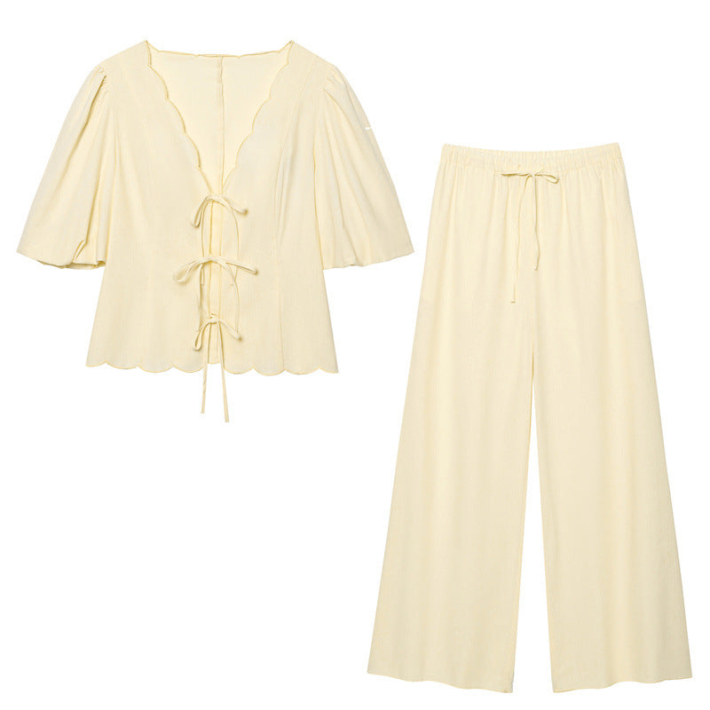 Elegant Solid Color Bubble Sleeve Blouse and Long Pants  Style Fashion Casual Loose Fit - Korvel