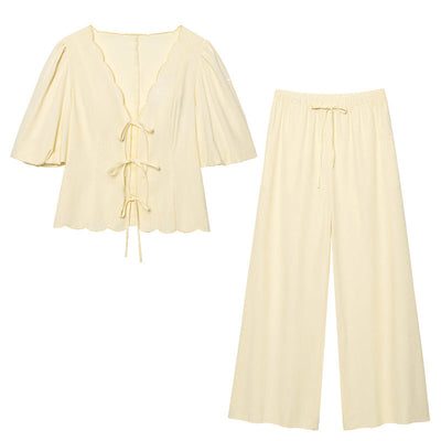 Elegant Solid Color Bubble Sleeve Blouse and Long Pants  Style Fashion Casual Loose Fit - Korvel