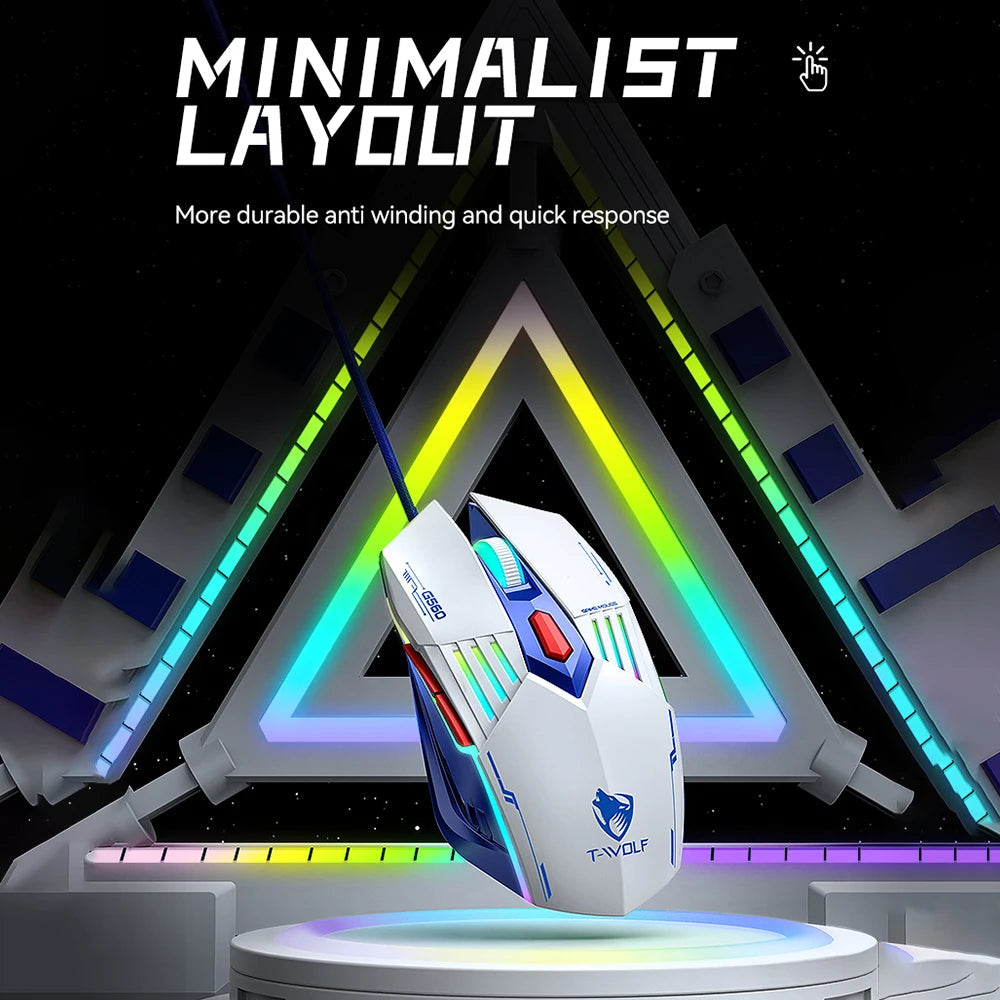 T-WOLF TF610 Keyboard and Mouse Game Keyboard and Mouse Set Mech Style Wired Esports Double Color White and Blue - Korvel