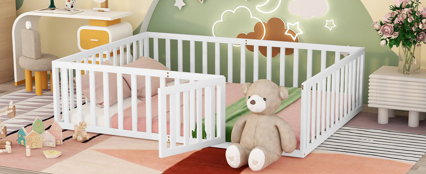 Queen Size Wood Floor Bed Frame with Fence and Door White(OLD SKU:WF289663AAK) - Korvel