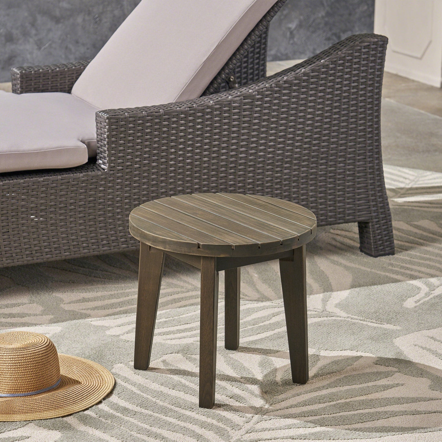 Outdoor 16" Acacia Wood Side Table, Gray Finish - Korvel