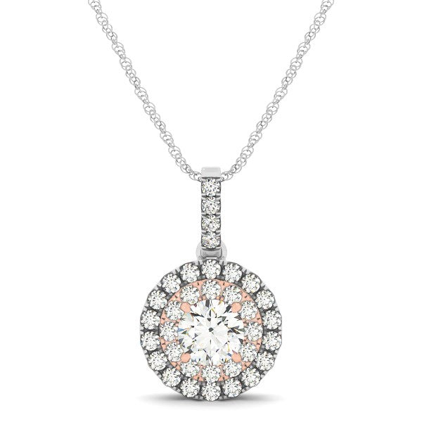 Pendentif en diamant halo rond en or blanc et rose 14k