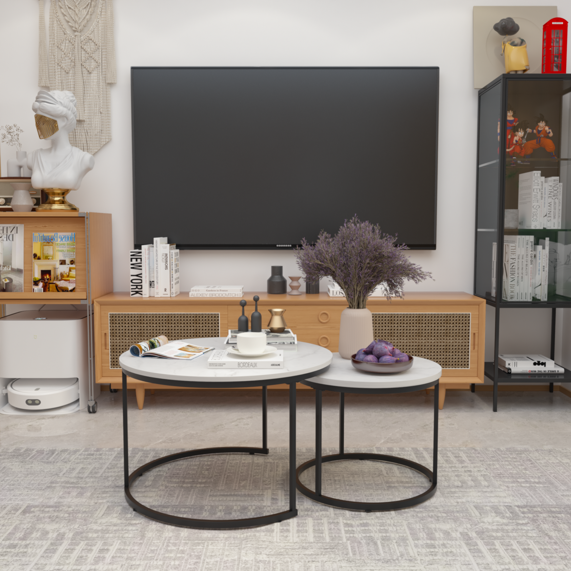 A set of nested 27.6-inch circular coffee tables with a wooden marble patterned tabletop and a sturdy metal frame (white) - Korvel