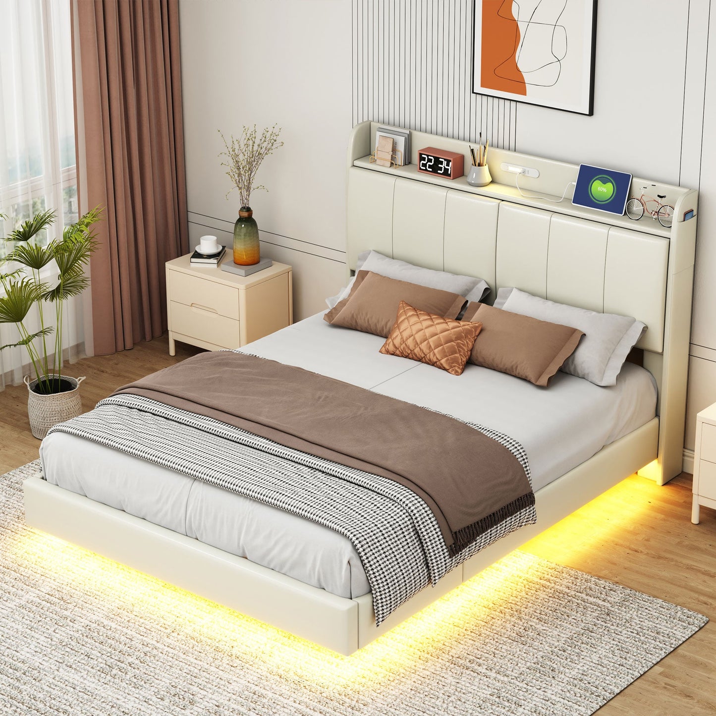 Large floating bed frame with storage headboard, touch sensor, night light and USB charger, padded platform bed, beige color - Korvel