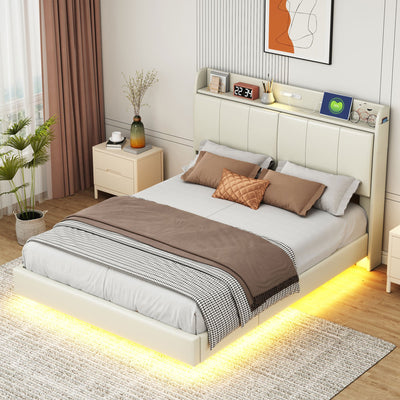 Large floating bed frame with storage headboard, touch sensor, night light and USB charger, padded platform bed, beige color - Korvel