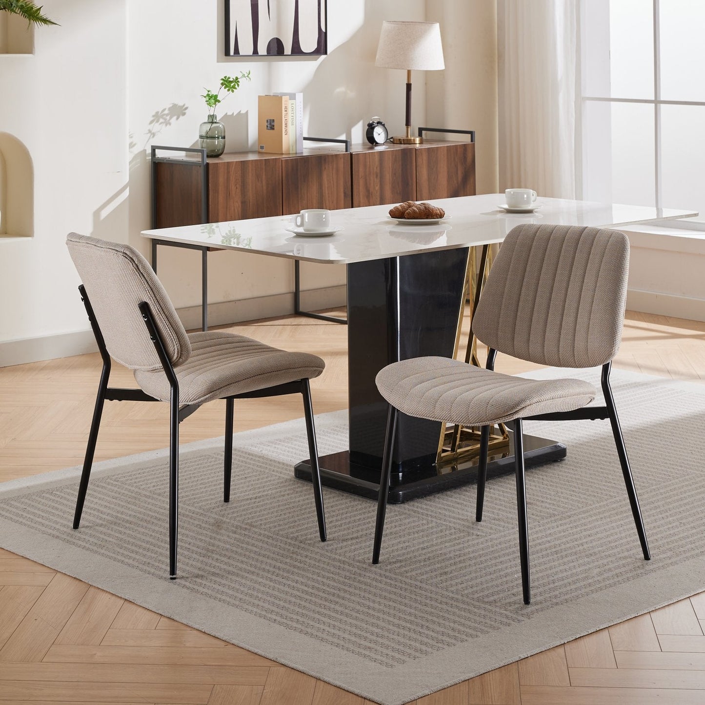 2-piece retro linen chair set with curved wooden backrest, cushioned seat, adjustable metal legs, (Beige Linen) - Korvel
