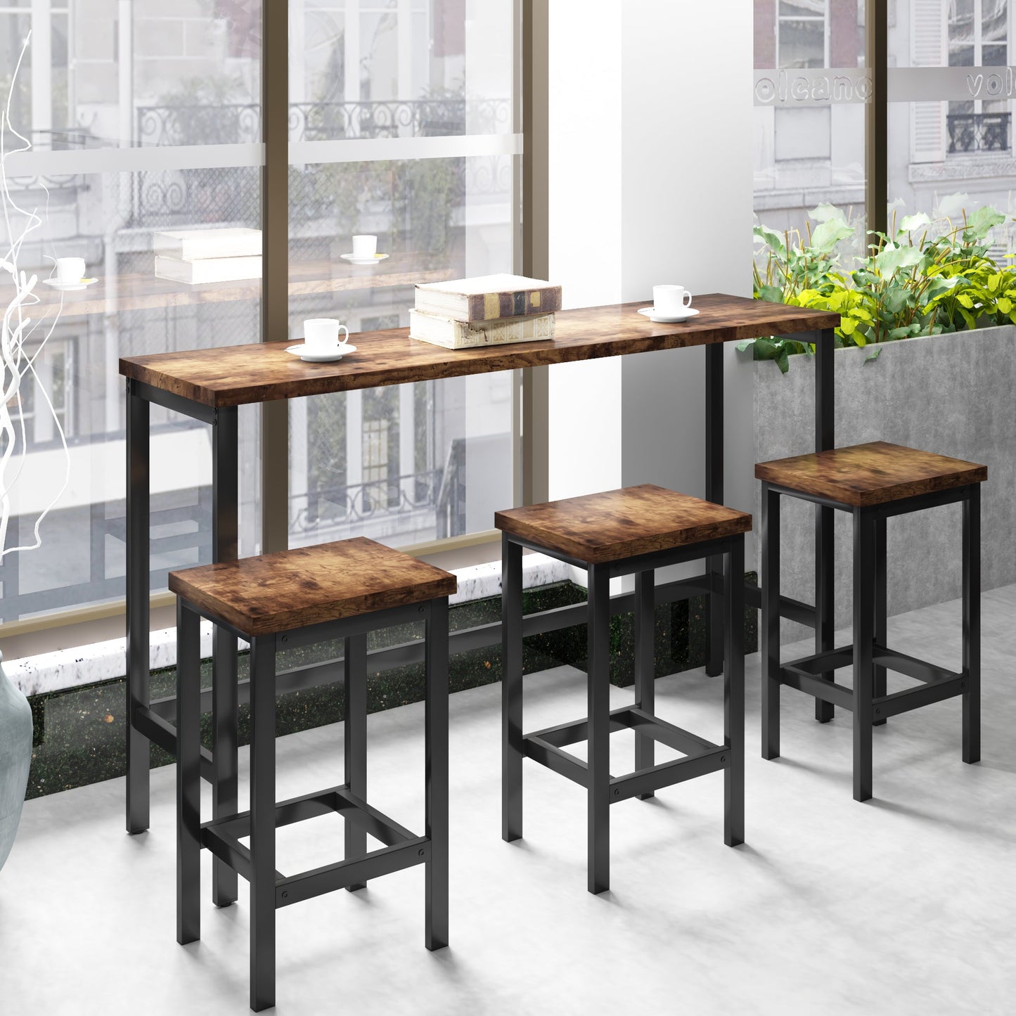 TOPMAX Counter Height Extra Long Dining Table Set with 3 Stools Pub Kitchen Set Side Table with Footrest Brown - Korvel