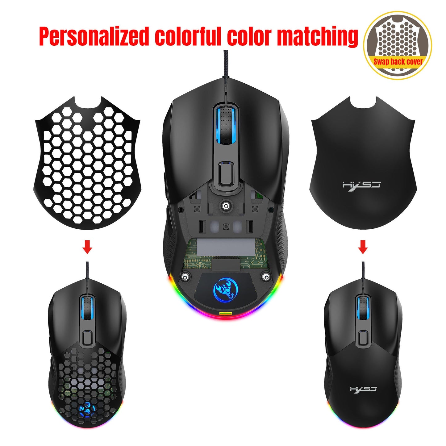Wired mouse RGB backlight 7200dpi hole gaming mouse interchangeable back cover lightweight - Korvel