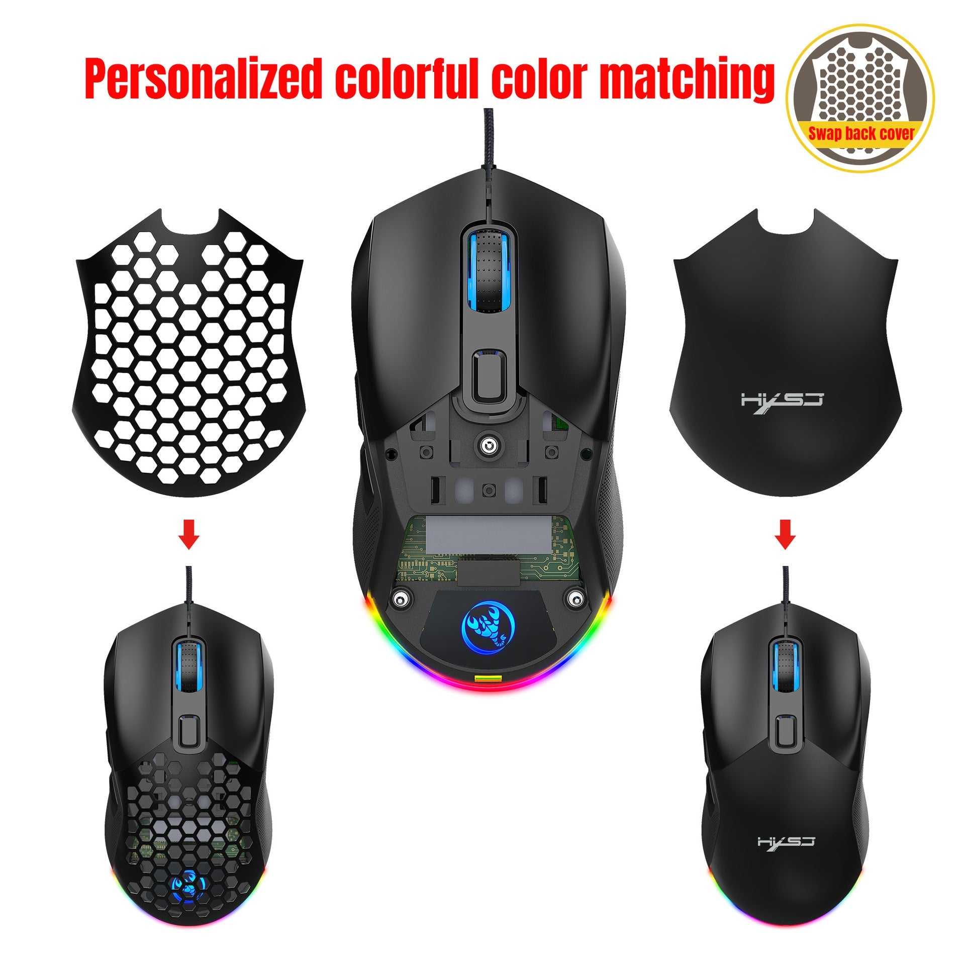 Wired mouse RGB backlight 7200dpi hole gaming mouse interchangeable back cover lightweight - Korvel