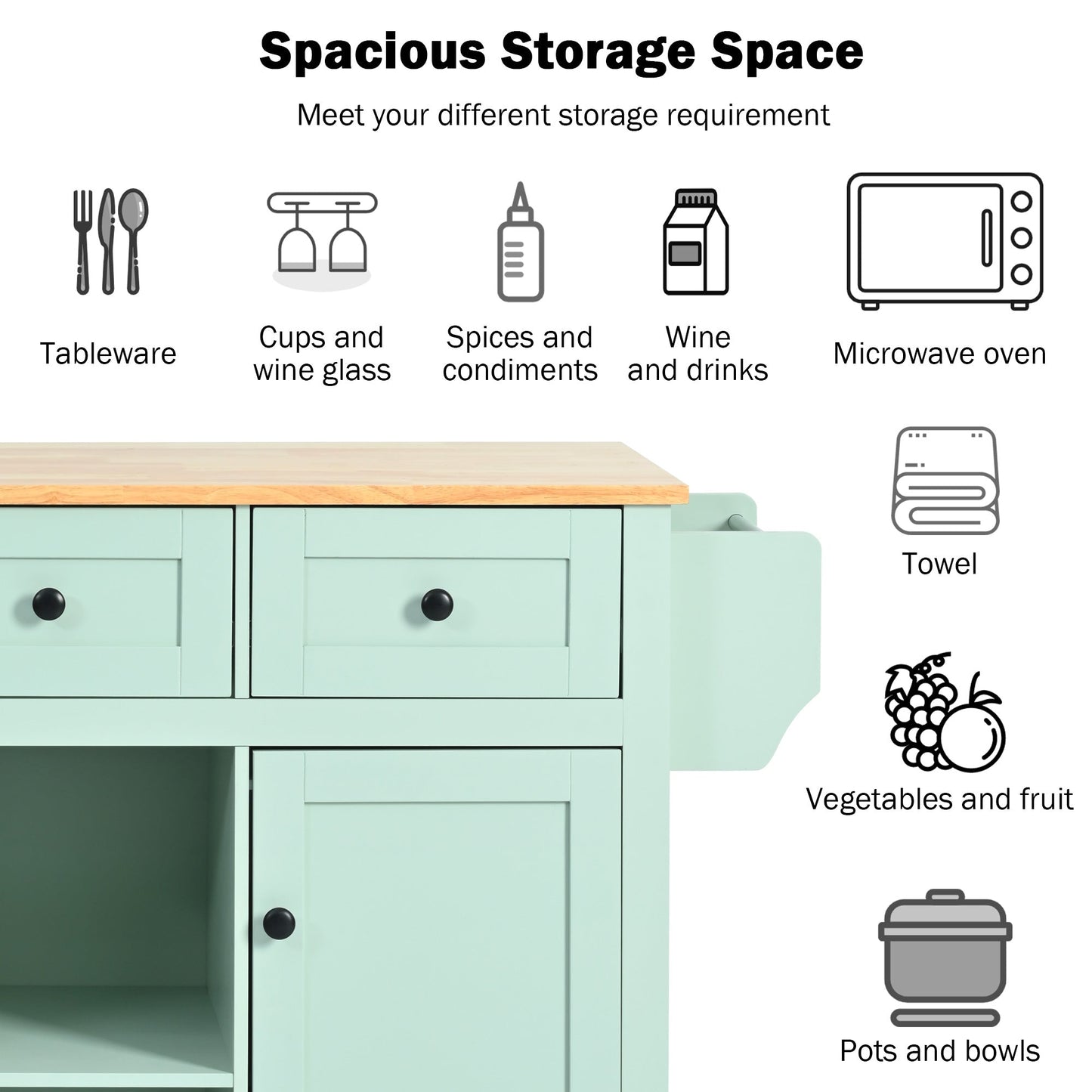 Kitchen trolley, cabinet door internal storage rack with storage cabinet and 3 dining room drawers, mint green - Korvel