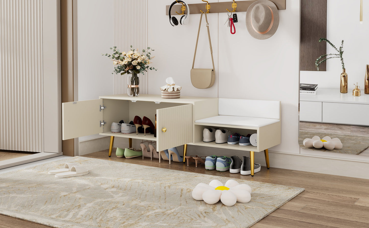 Modern Shoe Storage Bench with Hidden Storage and Upholstered Cushions for Bedside, Living Room and Entryway ((Antique White) - Korvel