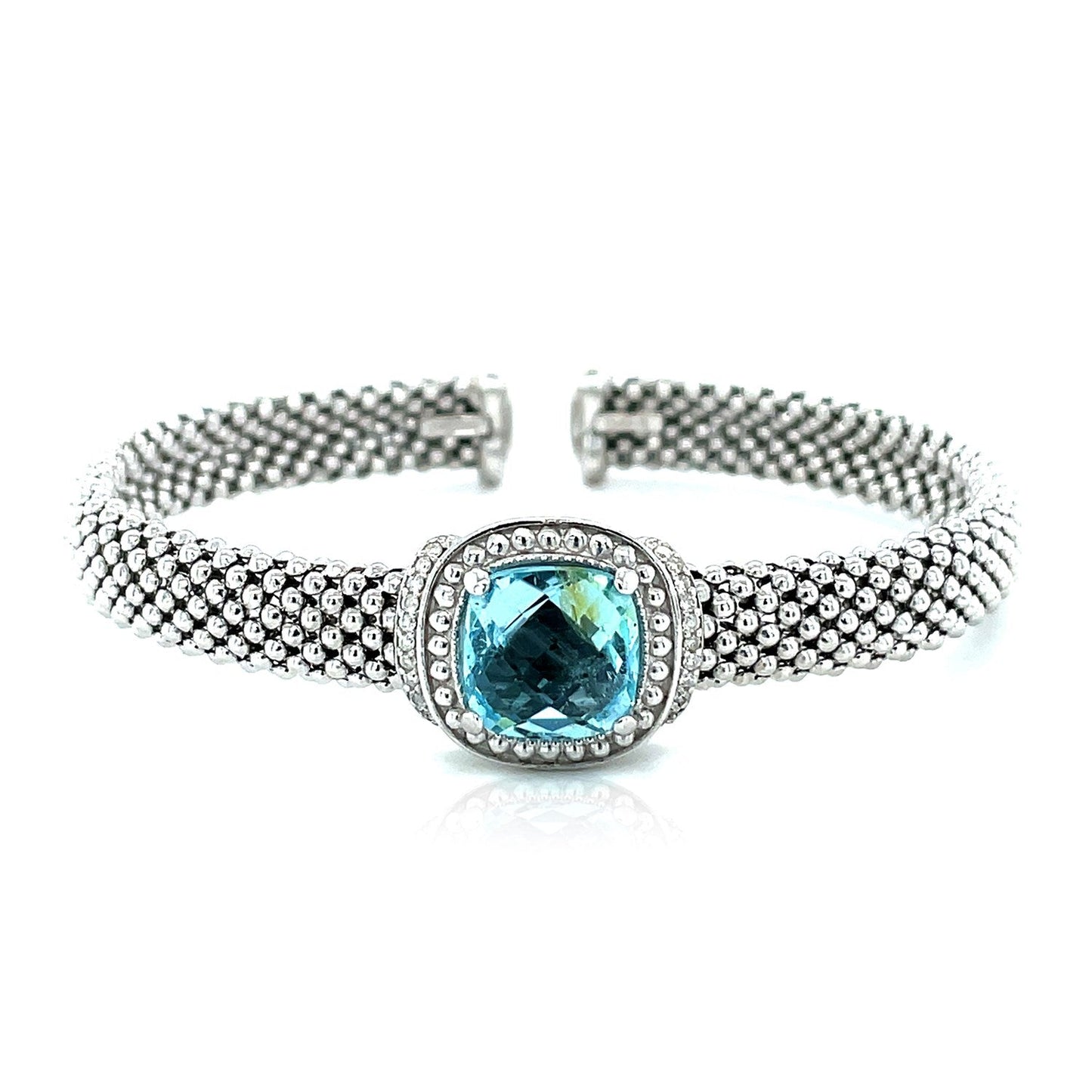 Bracelet jonc en texture popcorn avec topaze bleue et diamants