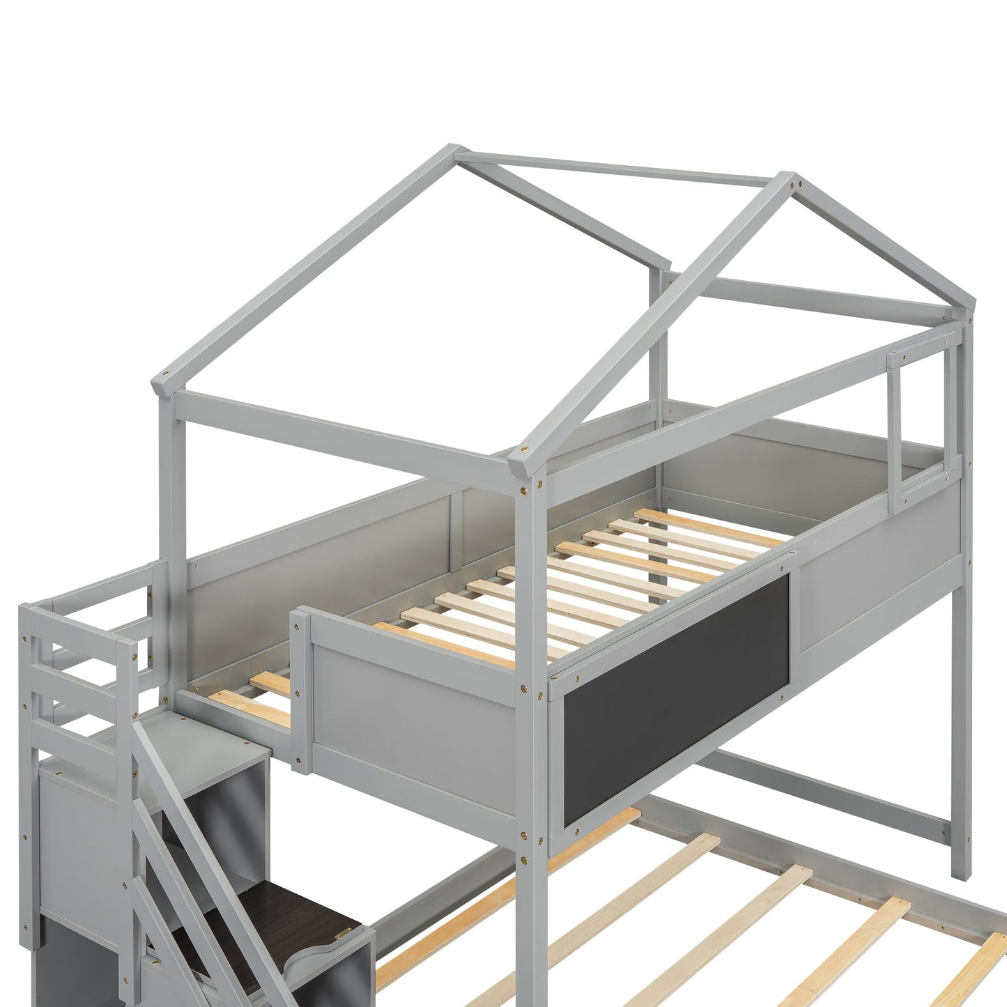 Twin over Full House Bunk Bed with Storage Staircase and Blackboard Gray - Korvel