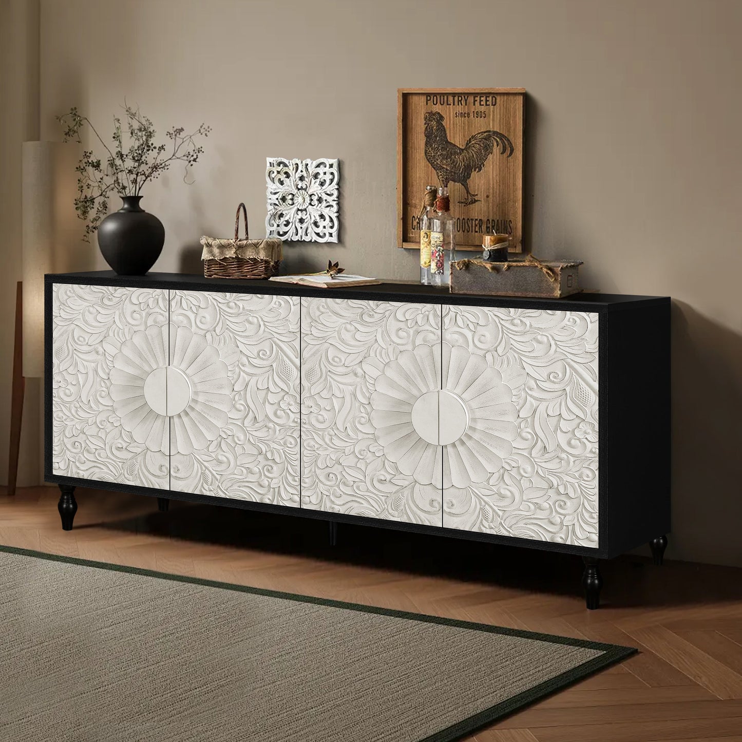 Vintage White Large Faceted Carved Sideboard with Black Frames