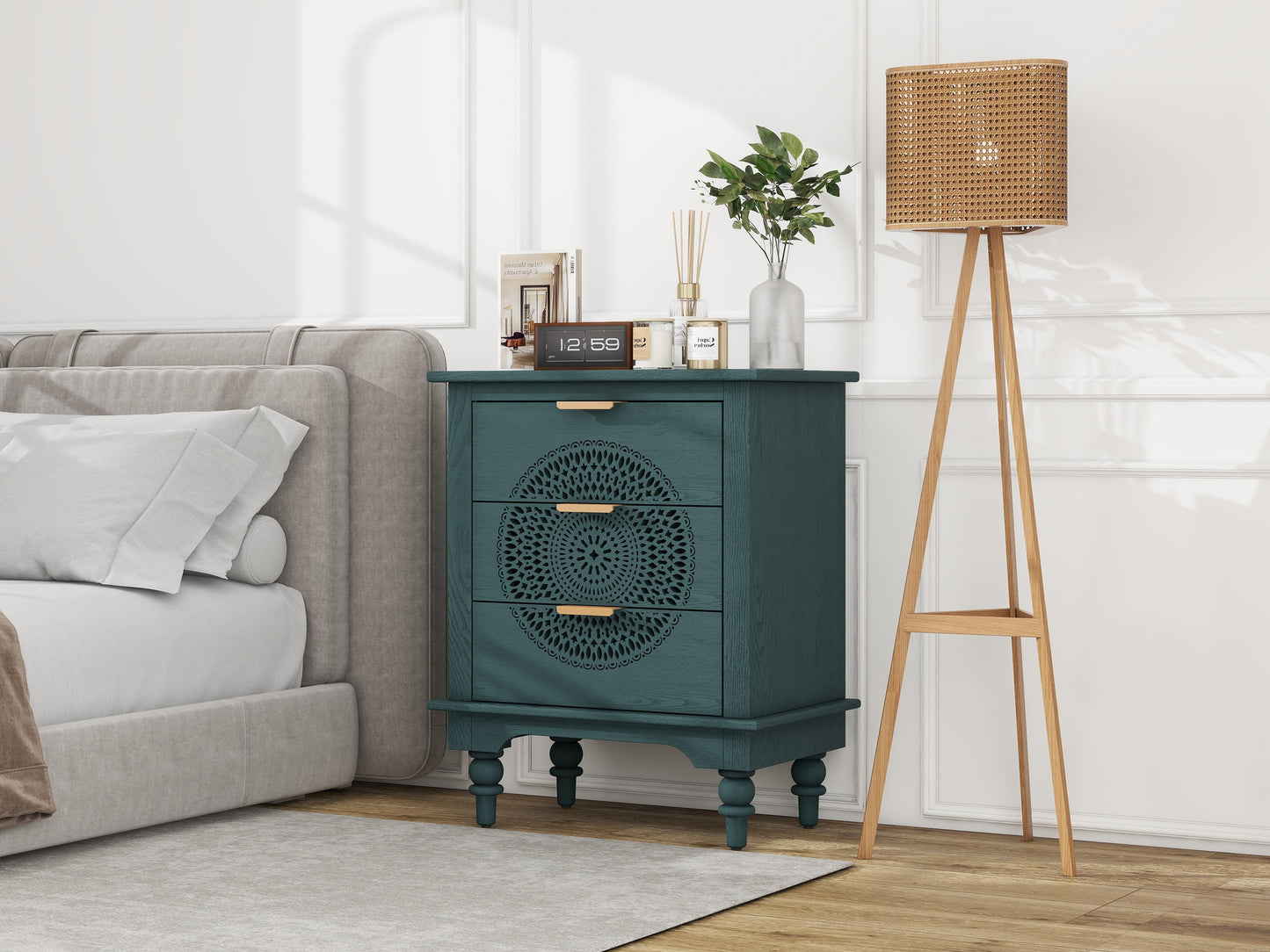 Commode de rangement à 3 tiroirs en bois creusé