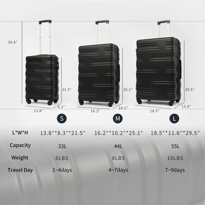 Hardshell Luggage Sets 3 Pcs Spinner Suitcase with TSA Lock Lightweight 20''24''28''   Black + ABS - Korvel