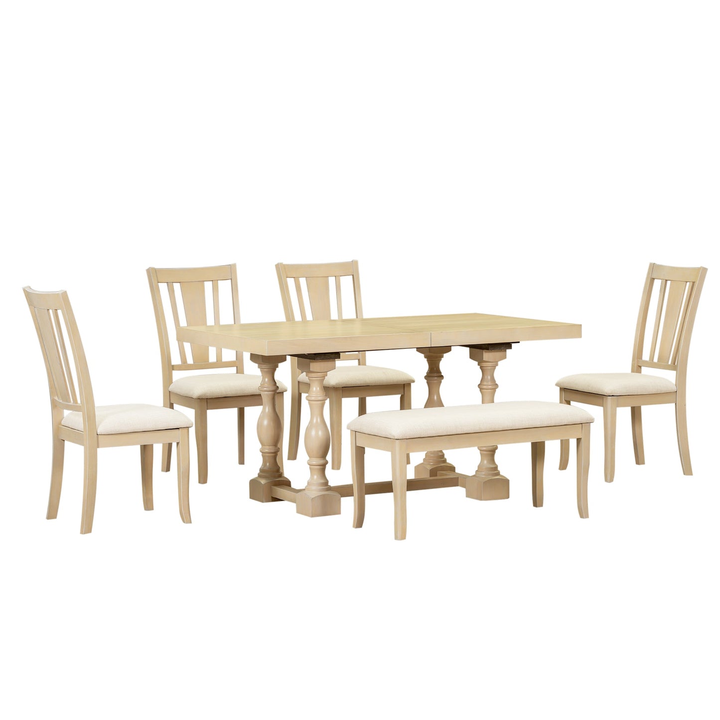 Traditional 6-Piece 78inch Trestle Extendable Dining Table Set with One 18inch Removable Leaf Padded Dining Chairs Bench,Natural - Korvel