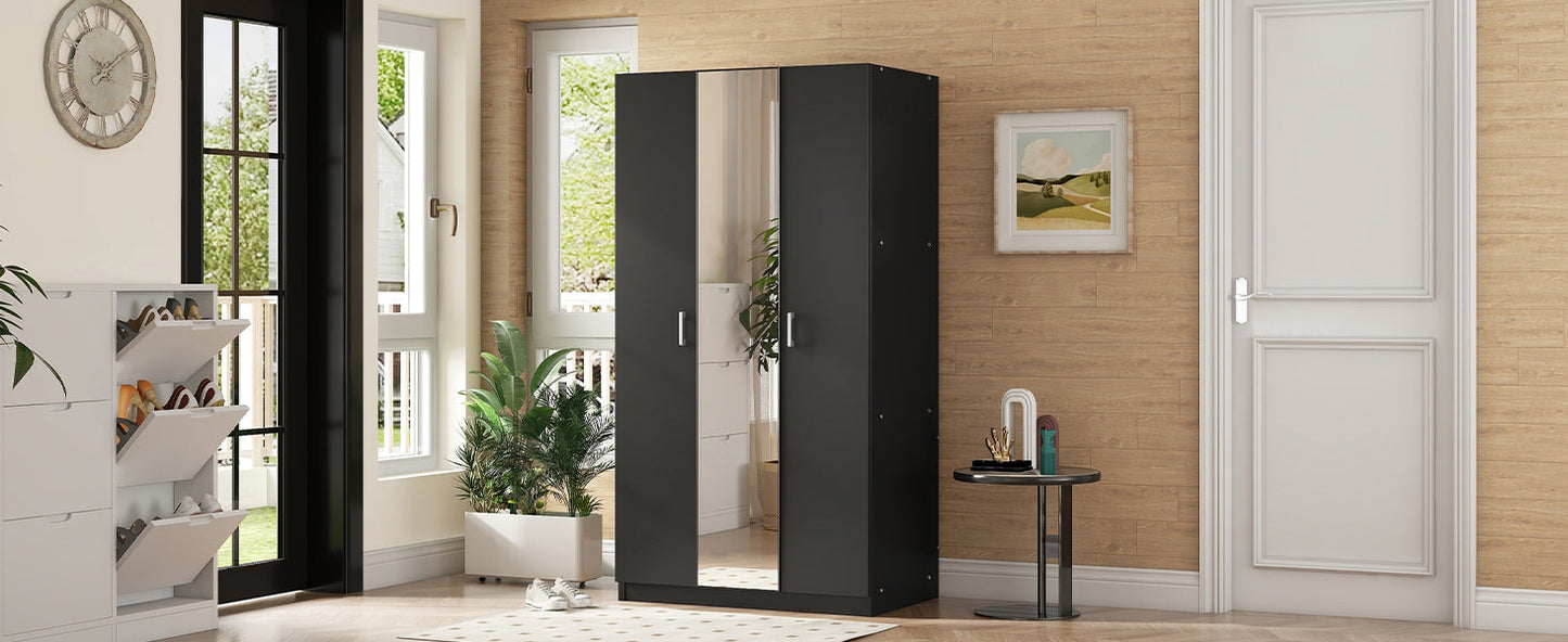 Elegant 3-Door Wardrobe with Mirror and Shelves in Black