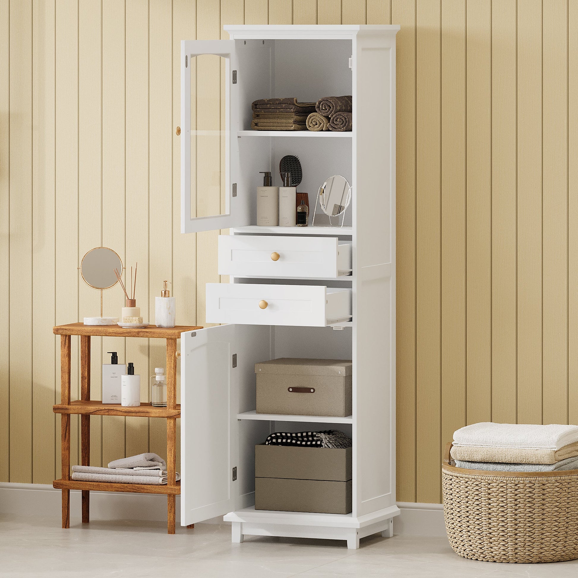 High bathroom storage cabinet with glass door, freestanding, two drawers and adjustable shelves, MDF board, painted white - Korvel