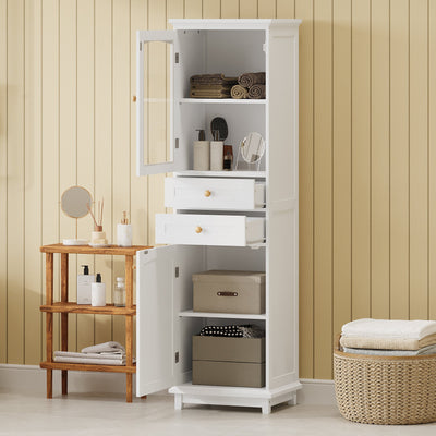 High bathroom storage cabinet with glass door, freestanding, two drawers and adjustable shelves, MDF board, painted white - Korvel