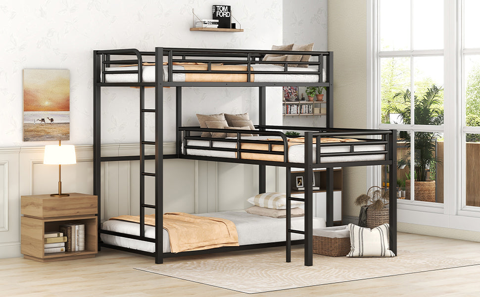 L-shaped Metal Triple Twin Size Bunk Bed, Black - Korvel