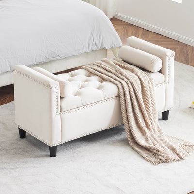 Storage Bench, 44.5-Inch Queen Velvet Button Bedside Bench, Entryway Living Room with Armrests, Nailhead Trim Cream White - Korvel