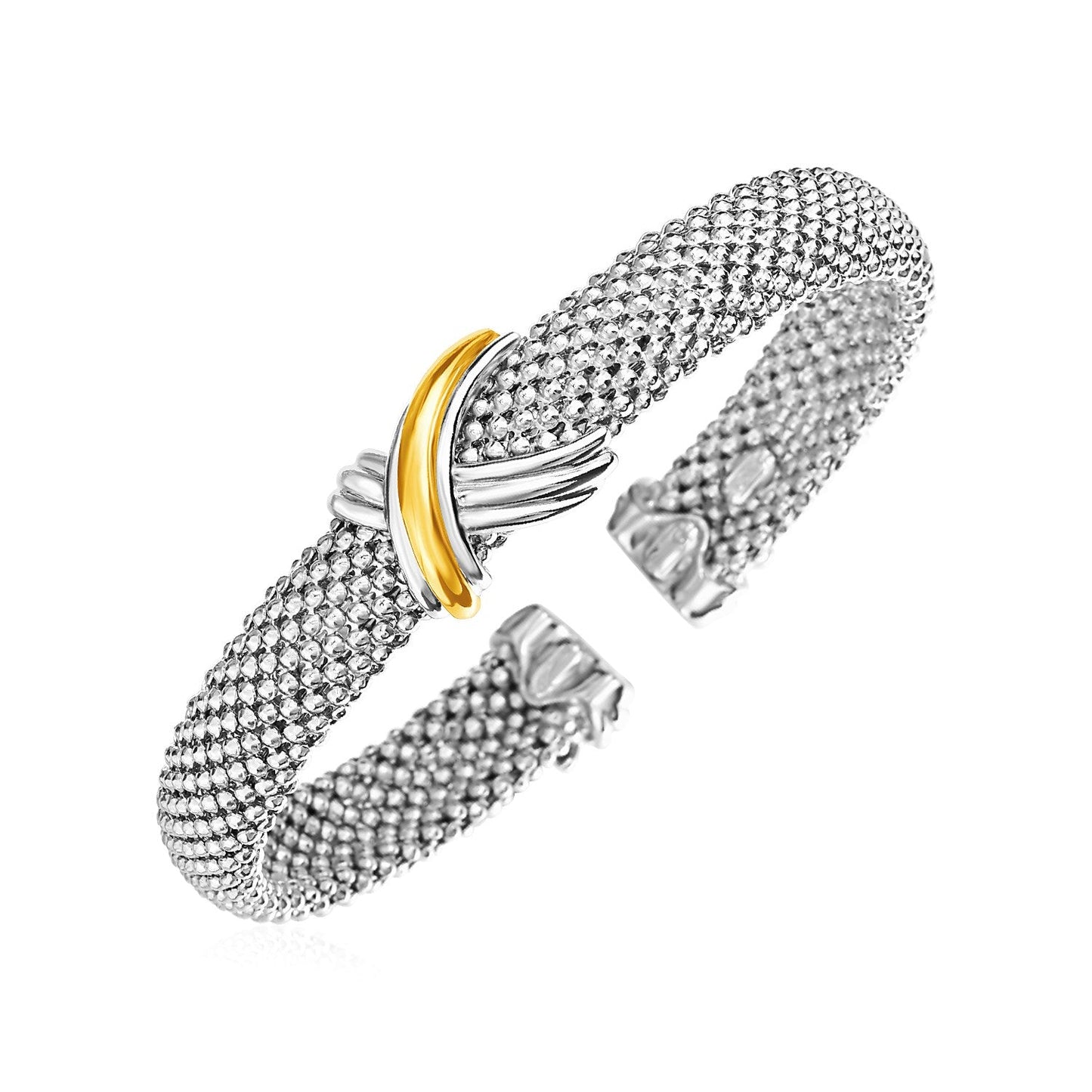 Popcorn Texture Cuff Bangle with X Motif in Sterling Silver and 18k Gold