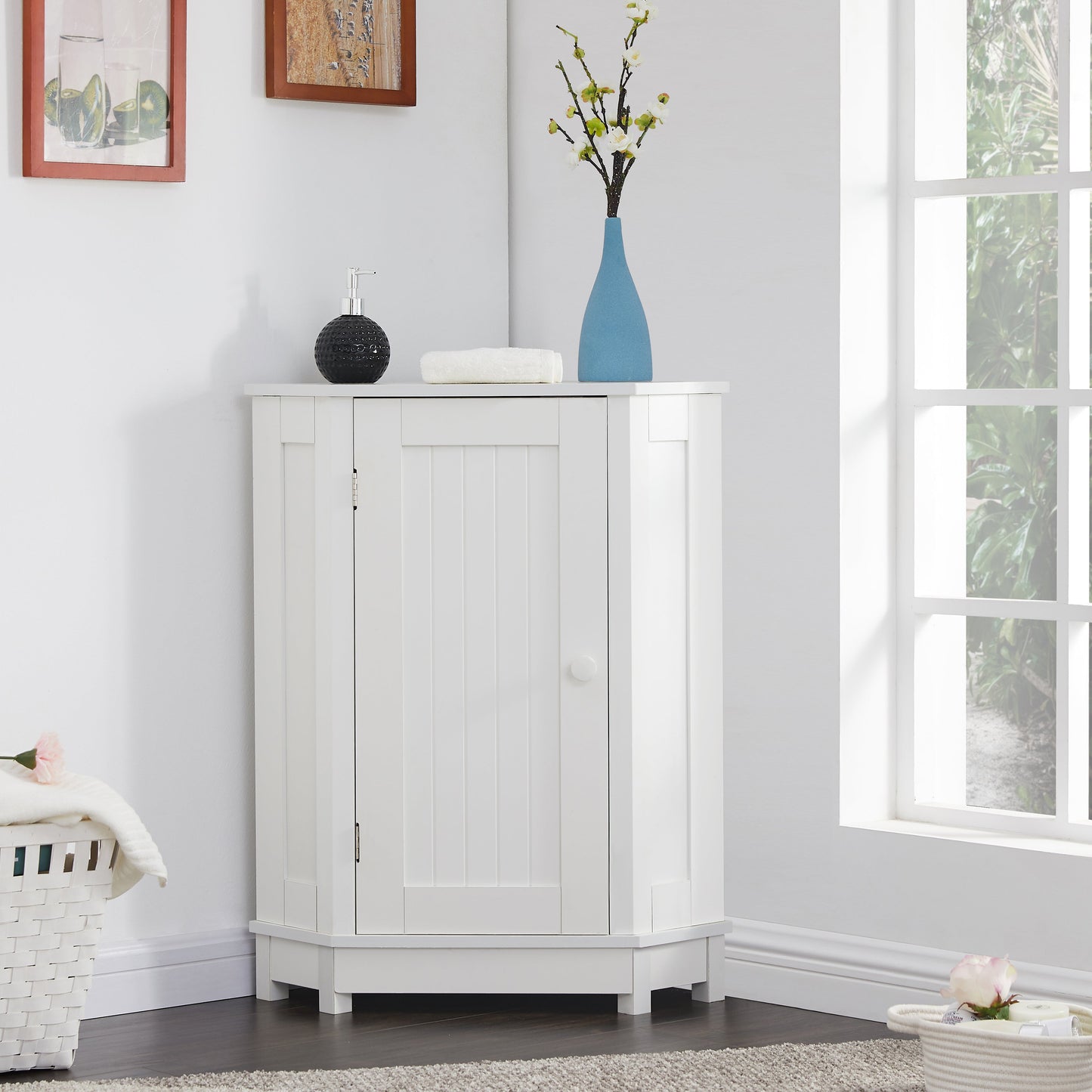Modern White Triangle Corner Bathroom Cabinet with Adjustable Shelf