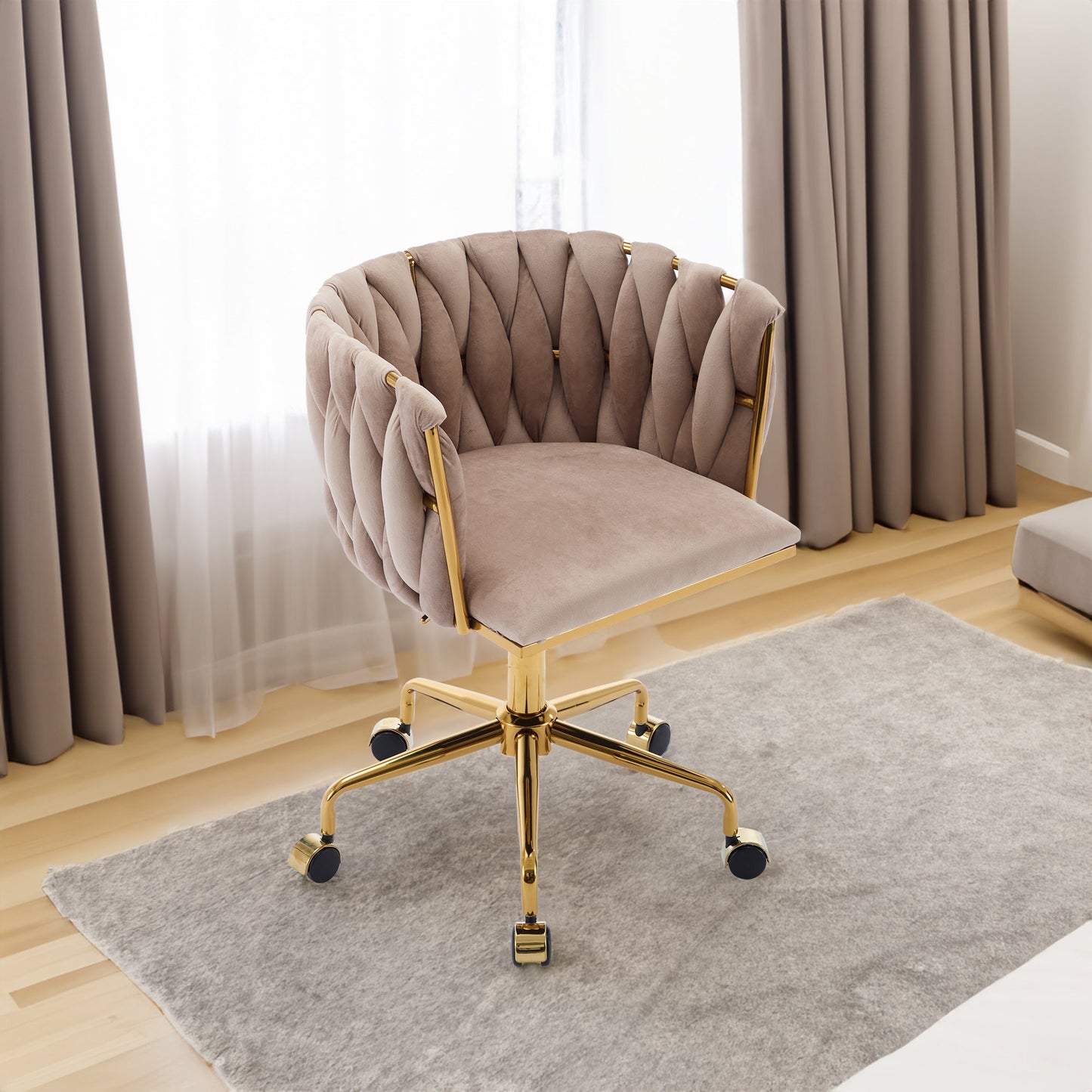 Velvet Accent Chair with Wheels and Hand Woven Backrest