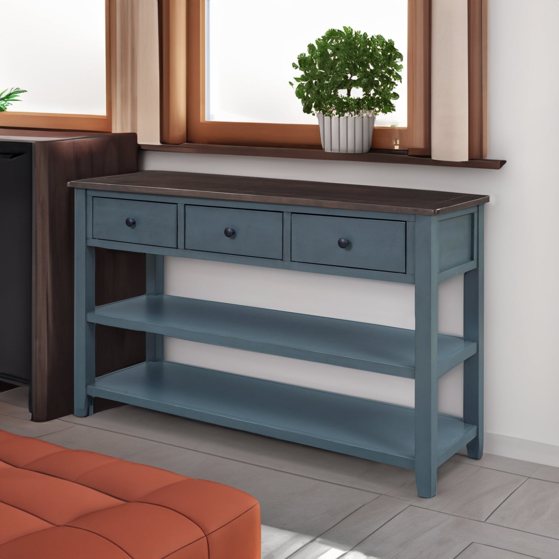 Retro Design Console Table with Two Open Shelves, Pine Solid Wood Frame and Legs for Living Room (Navy) - Korvel