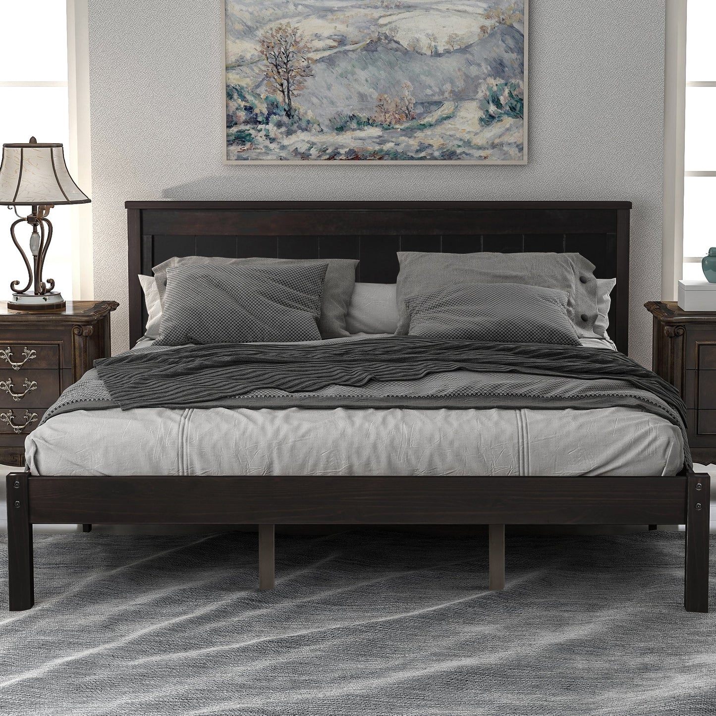 Platform Bed Frame with Headboard, Wood Slat Support  No Box Spring Needed  Queen Espresso - Korvel