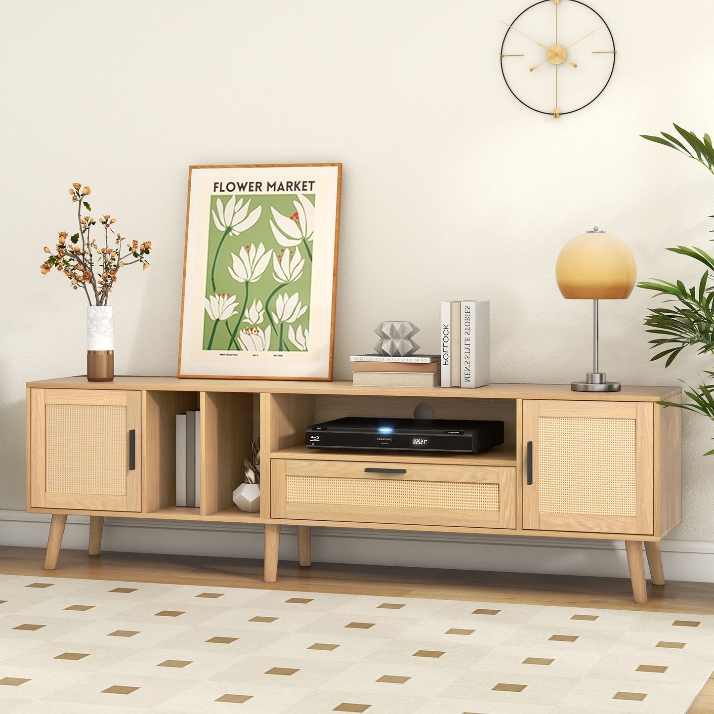 Vine TV stand with 2 cabinets and 2 open shelves, suitable for TVs under 80 inches, with solid wood legs for TV cabinets - Korvel