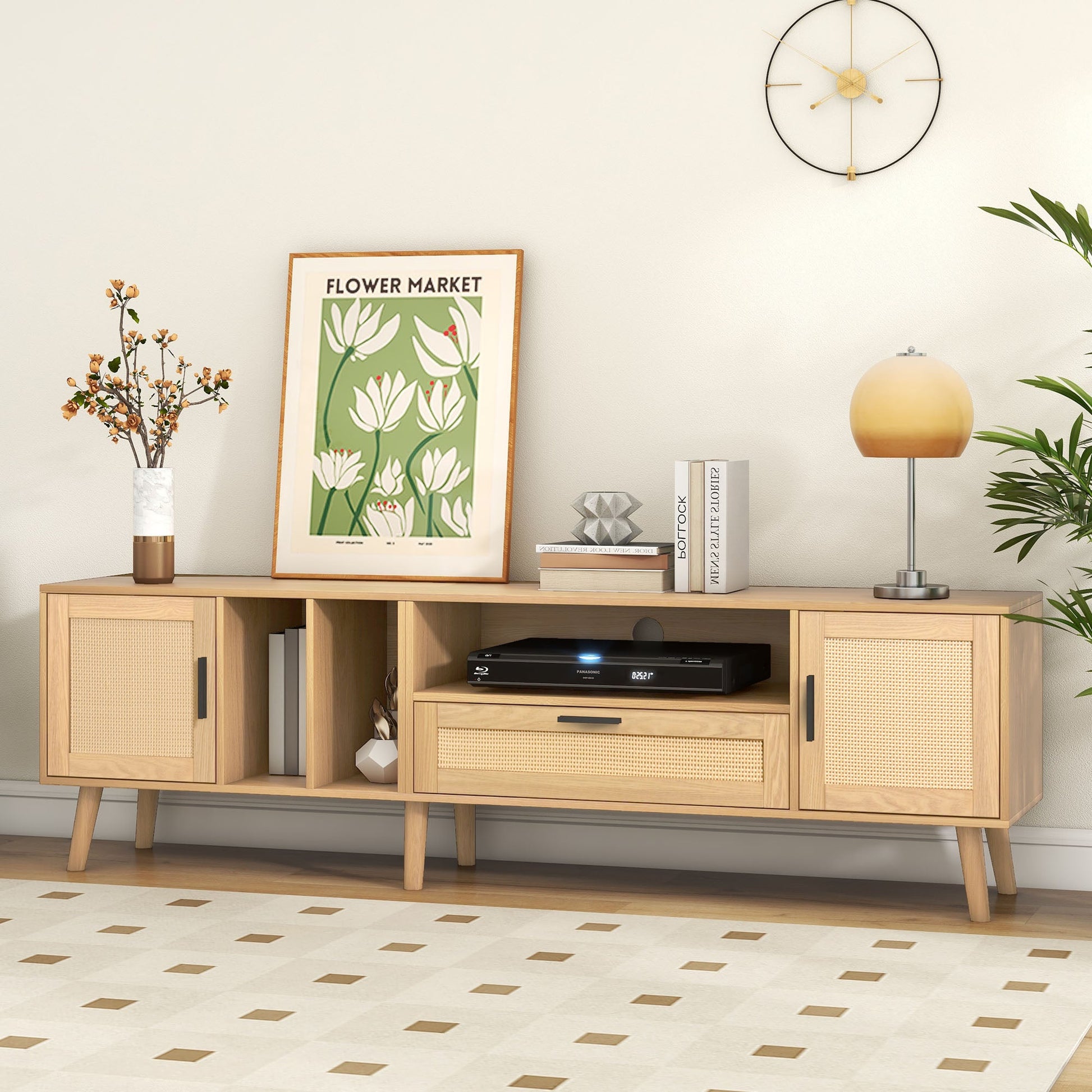 Vine TV stand with 2 cabinets and 2 open shelves, suitable for TVs under 80 inches, with solid wood legs for TV cabinets - Korvel