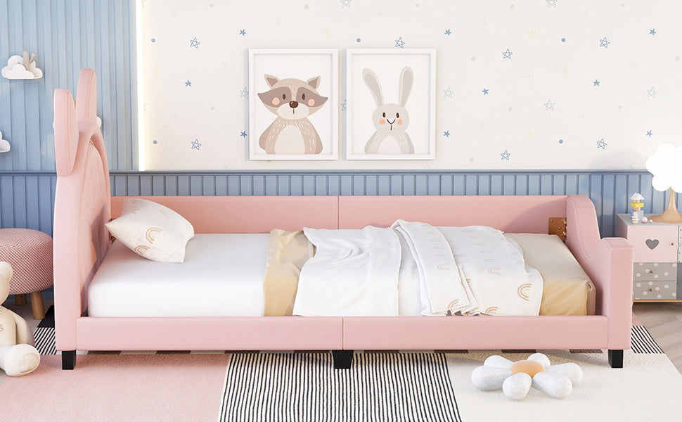 Twin Size Upholstered Daybed with Carton Ears Shaped Headboard  Pink - Korvel
