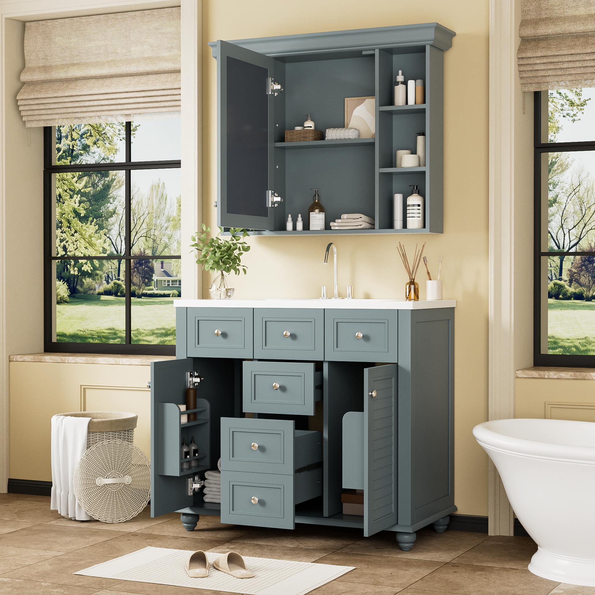 36 inch modern mirror cabinet with adjustable shelves, 2 soft closing doors, and 6 drawer storage cabinet door organizers - Korvel