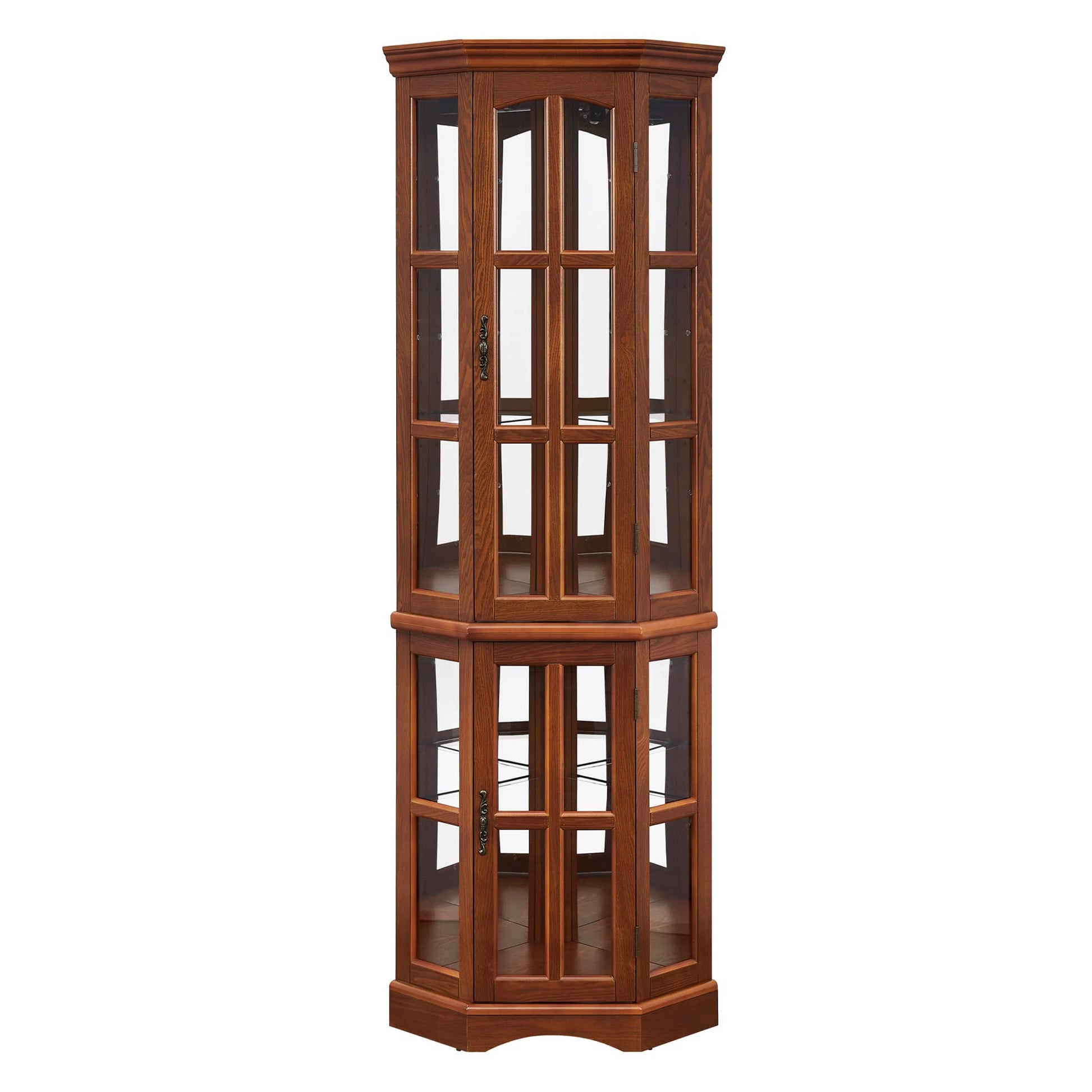 Corner Curio Cabinet with 5 Shelves and Lighting System, Oak(E26 light bulb not included) - Korvel