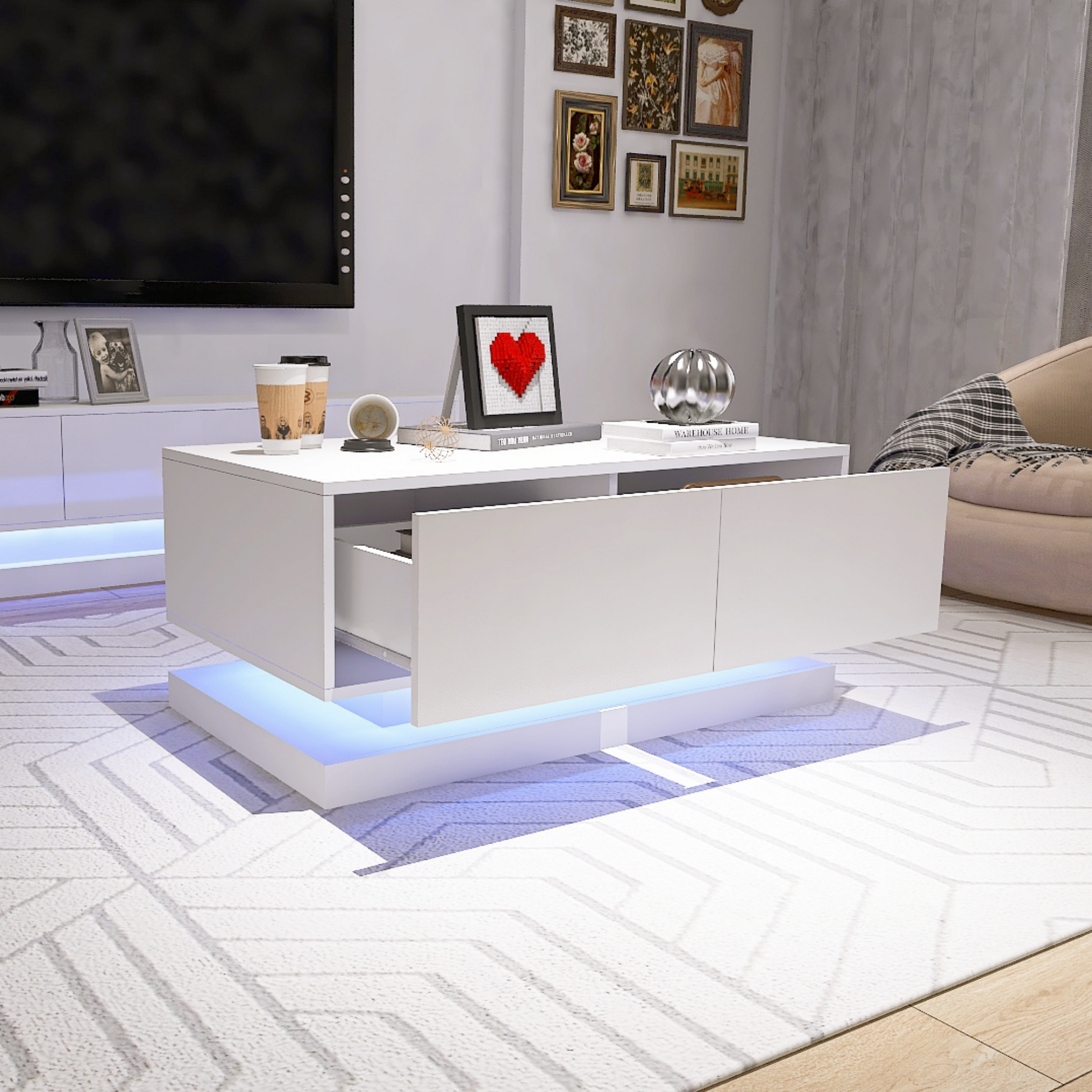 High Glossy Coffee Table with 2 Drawers have RGB Led Light with Buletooth Control - Korvel