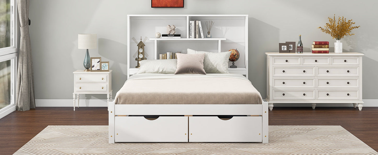 Full Size Platform Bed with Storage Headboard and 2 Drawers, White - Korvel