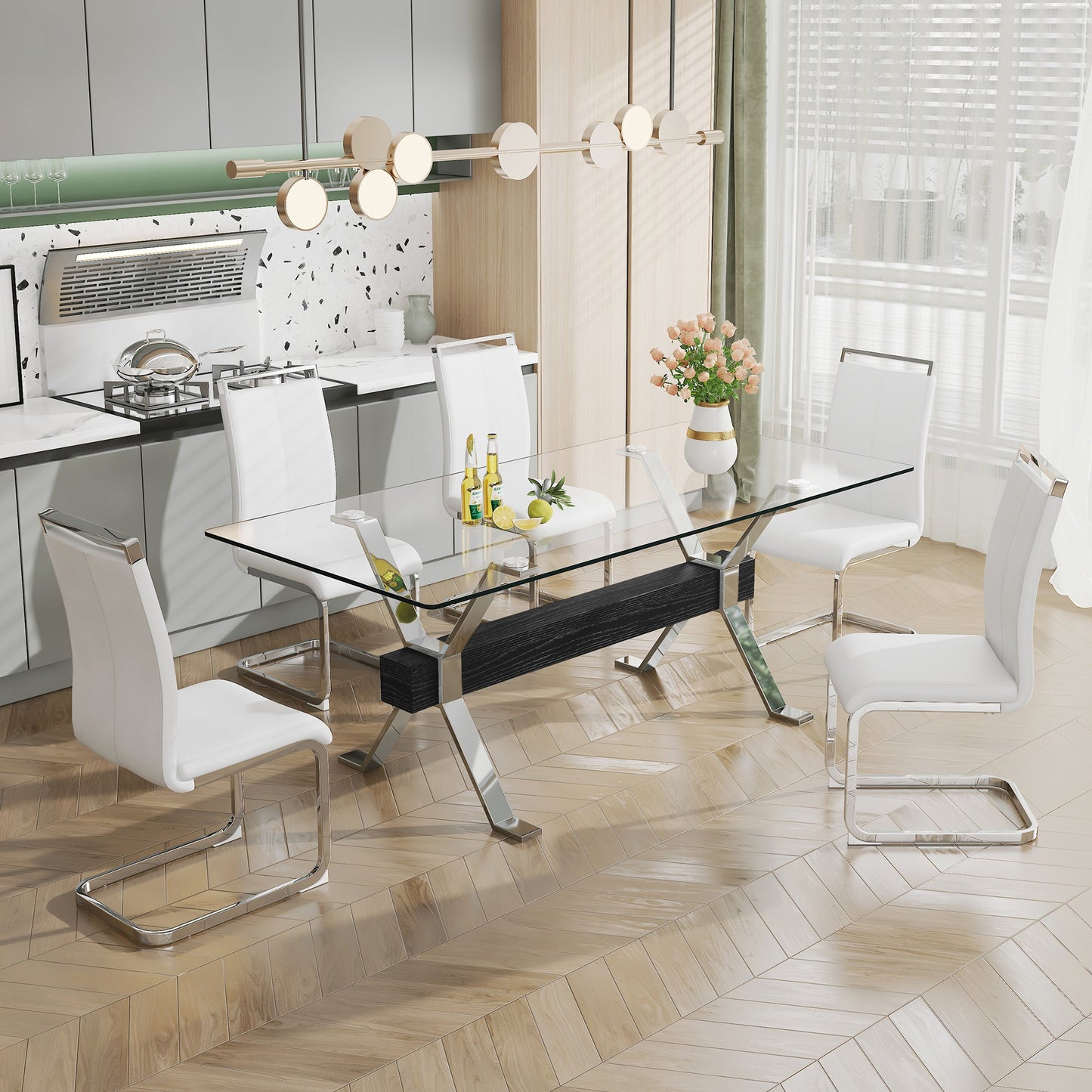 Dining table Modern tempered glass dining table Large modern office desk with silver plated metal legs and MDF crossbars - Korvel