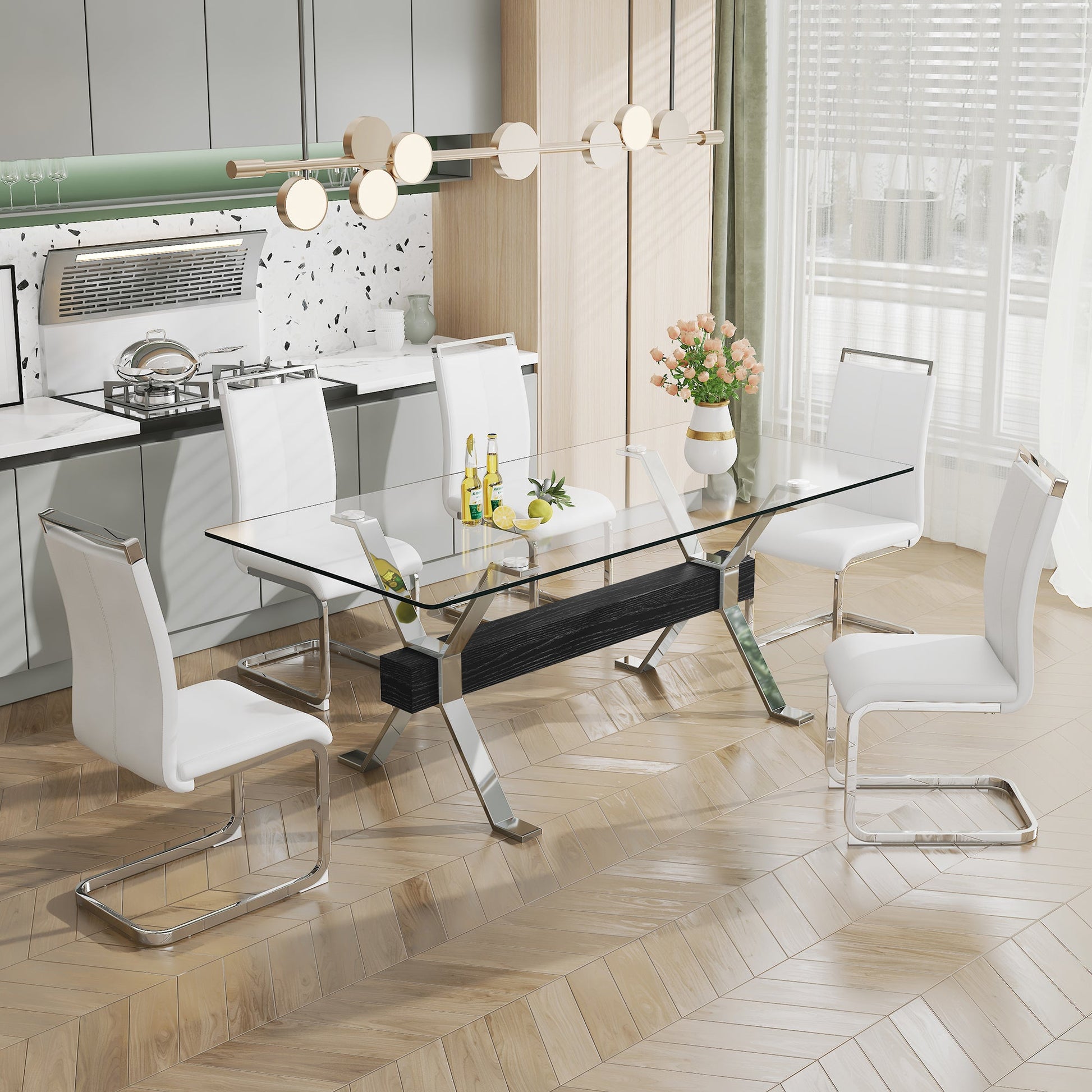 Dining table Modern tempered glass dining table Large modern office desk with silver plated metal legs and MDF crossbars - Korvel