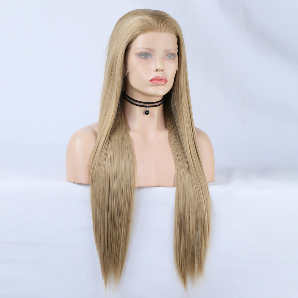 Linen Lace Front Wig Ombre Synthetic Hair Wig Middle Part Highlight Wig Long Straight Hair - Korvel