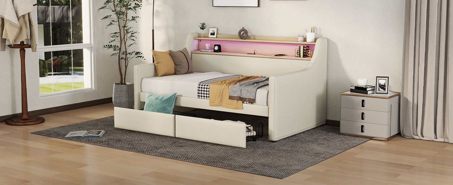 Twin Size Daybed with Storage Drawers, Upholstered Daybed with Charging Station and LED Lights, Beige - Korvel